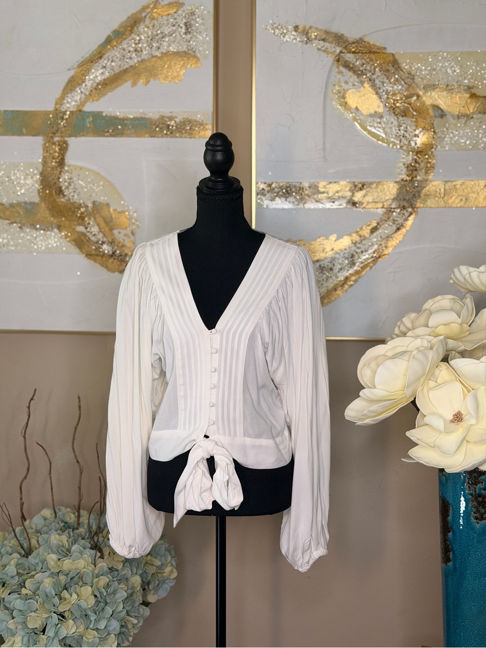 Express White V-Neck Button Front Tie Waist Blouse